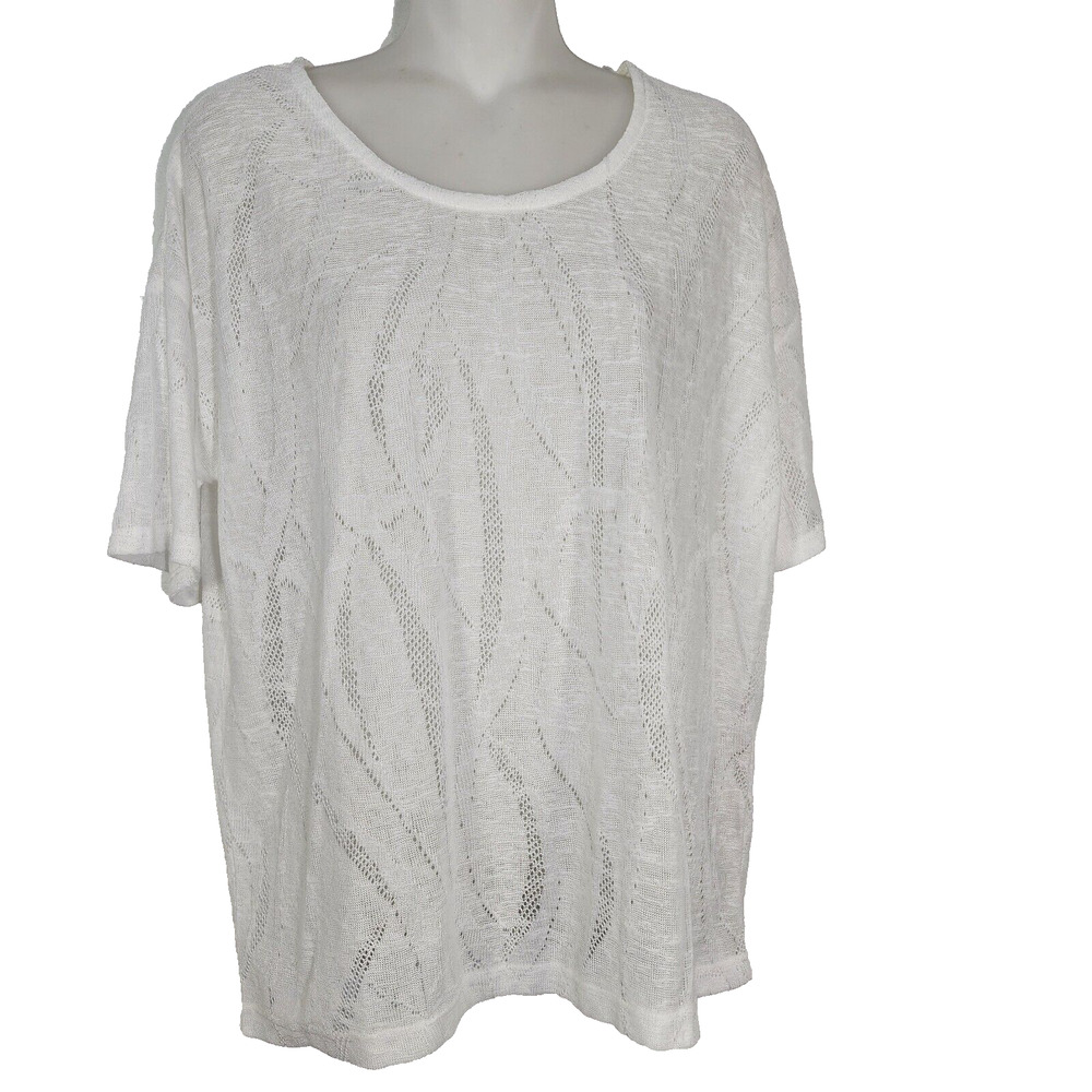 Chicos Womens Top Size 1 US 8 White Knit Semi Sheer Cutout Jaquard Short Sleeve